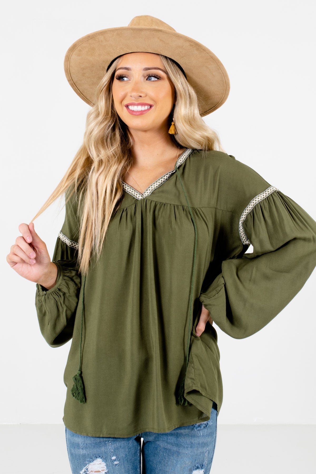 Women’s Olive Green Tassel Tie Accented Boutique Blouse