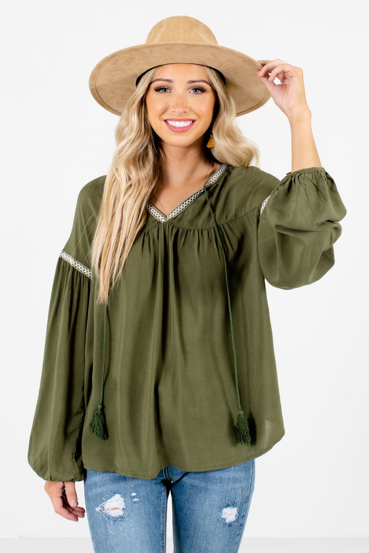 Olive Green Bohemian Peasant Style Boutique Blouses for Women