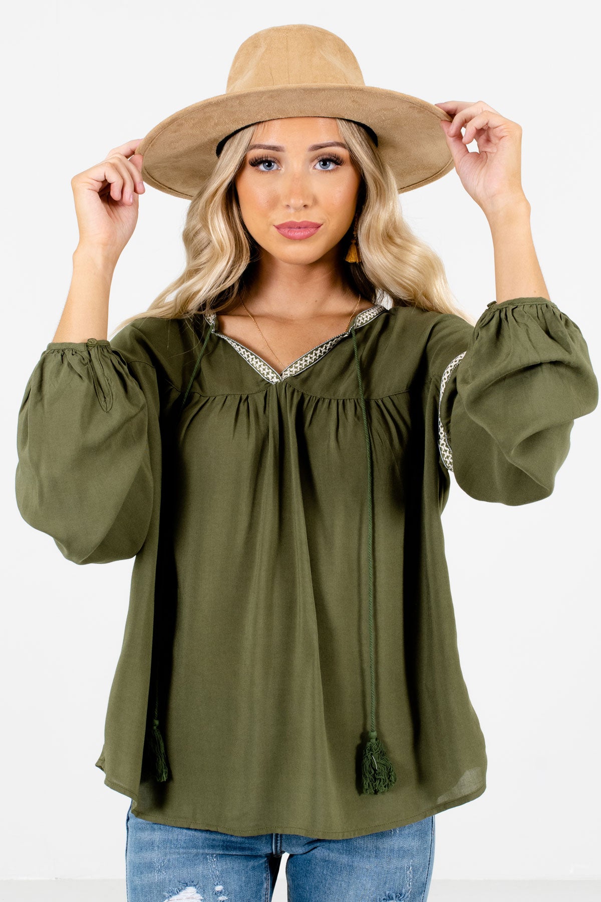 Women’s Olive Green Flowy Silhouette Boutique Blouse