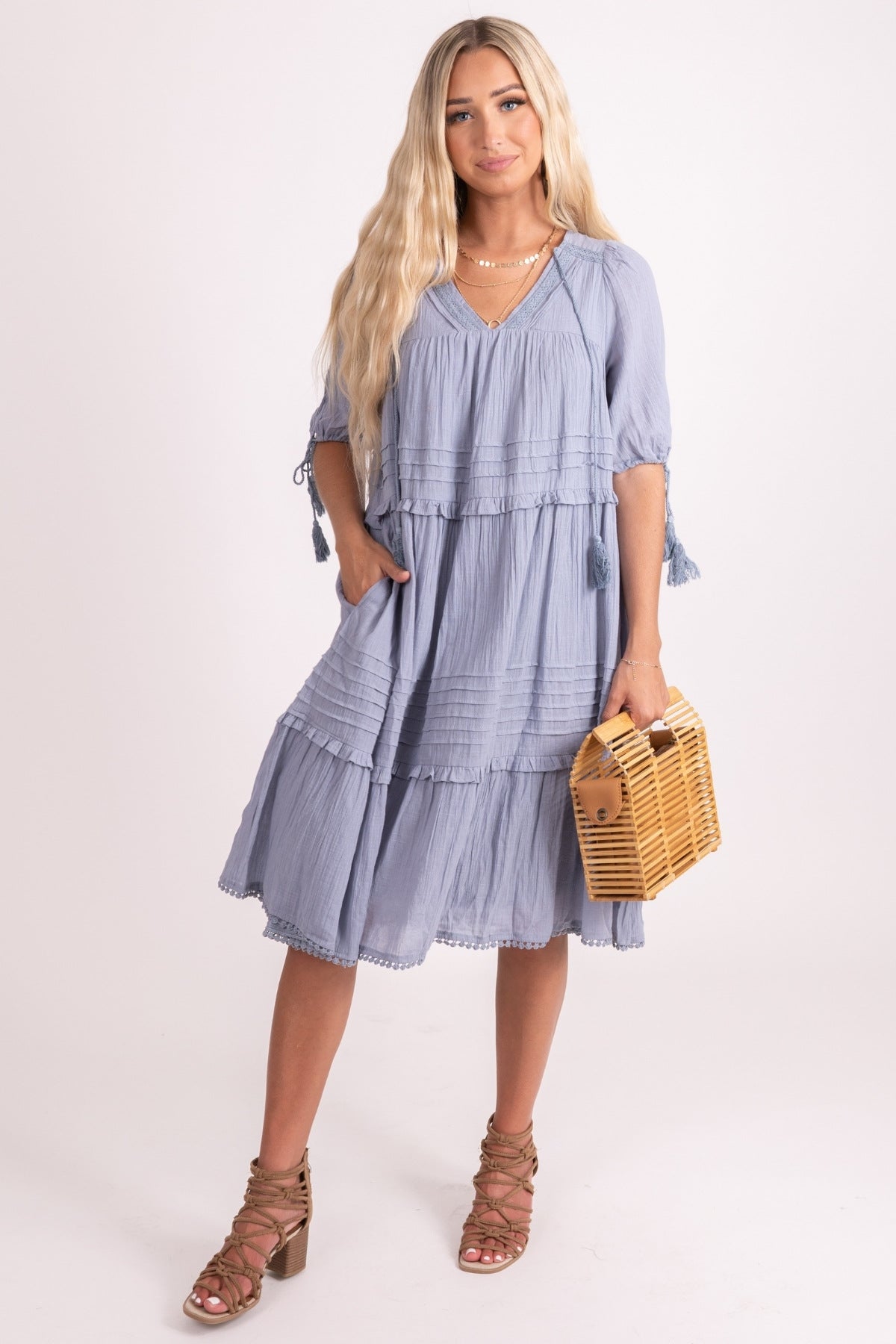 Dusty Blue Midi Dress with Boho Ties, Lace, and Ruffles for Women