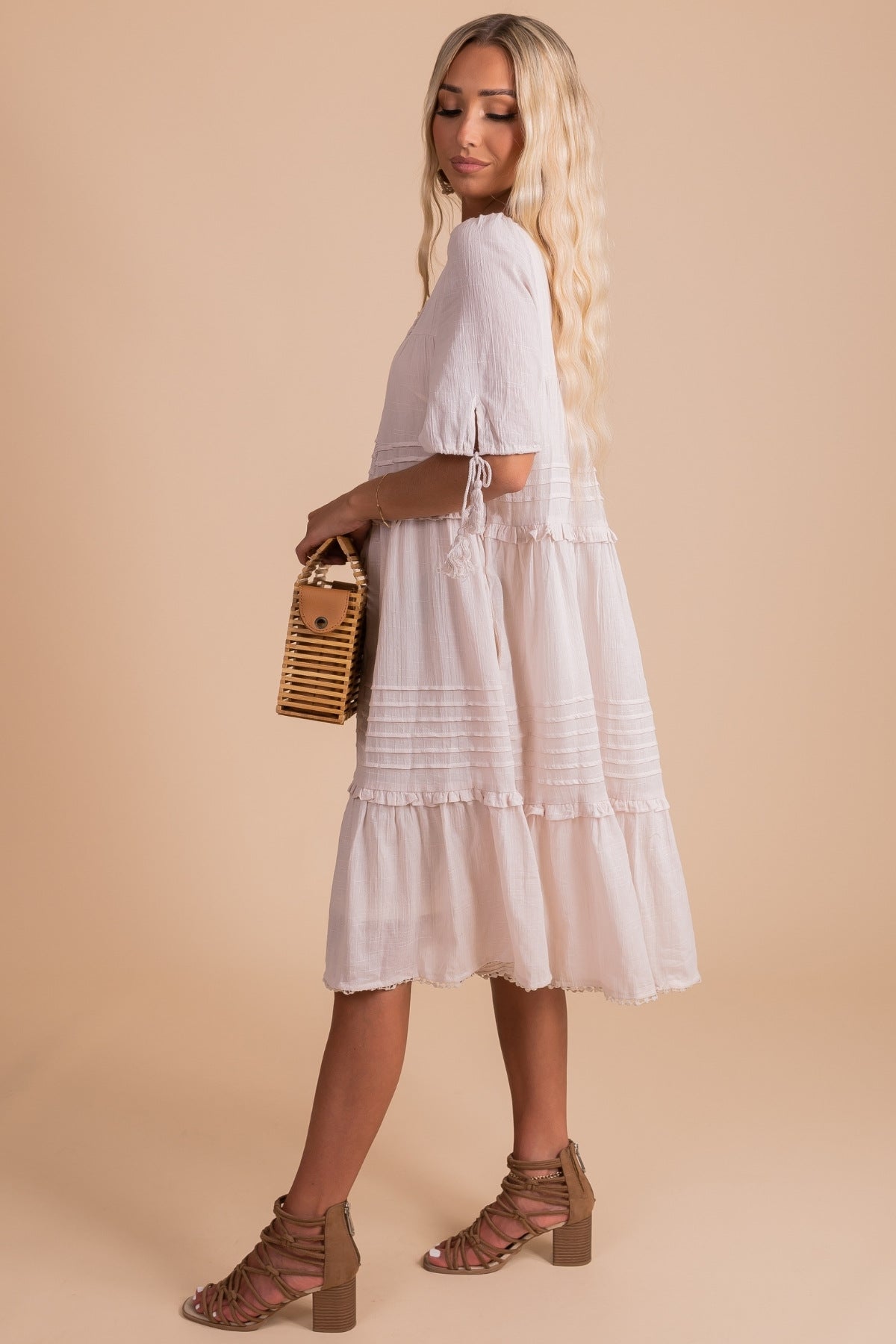 Boutique Boho Style Midi Dress in Natural Off White
