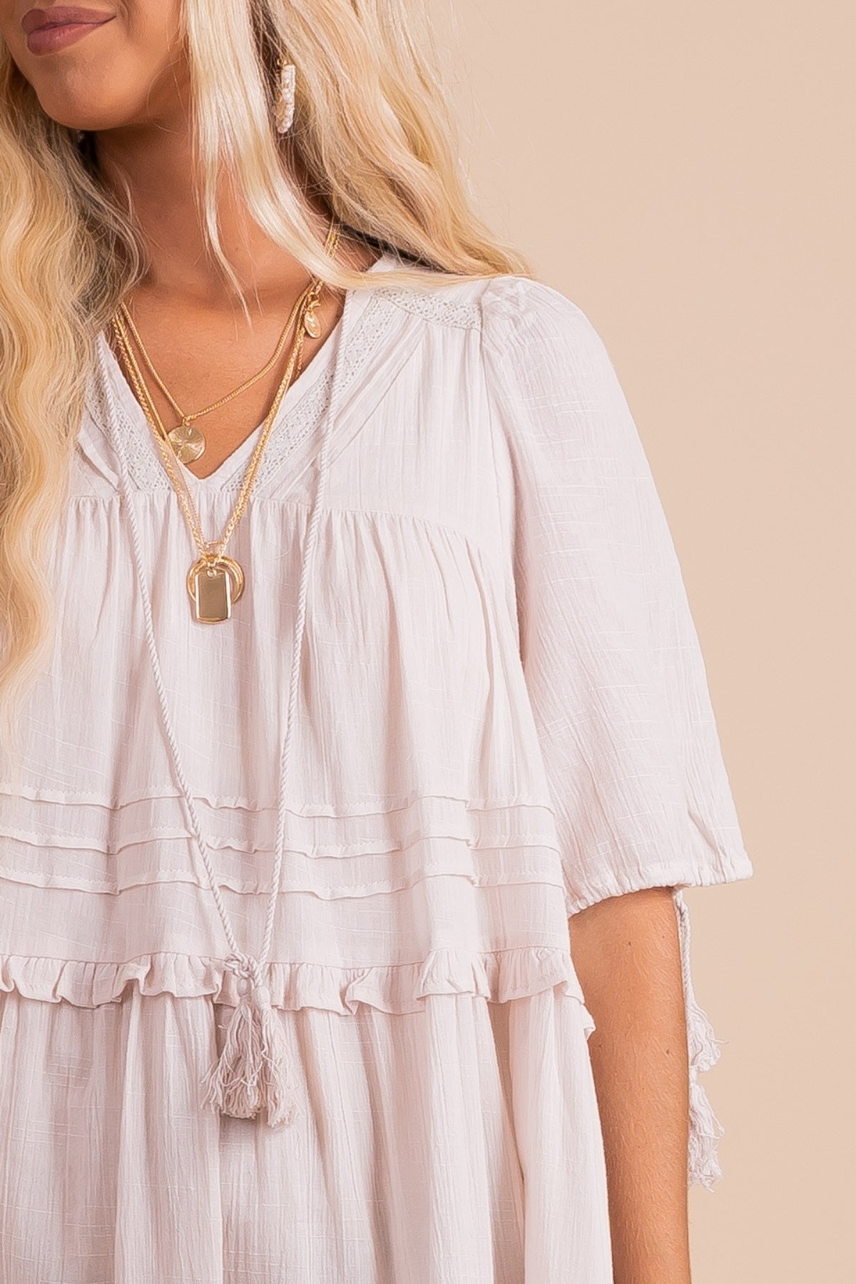 Women's Tent-Style Boho Midi Dress with Pleated Ruffles, Tassel Tie, and Short Sleeves in Off White