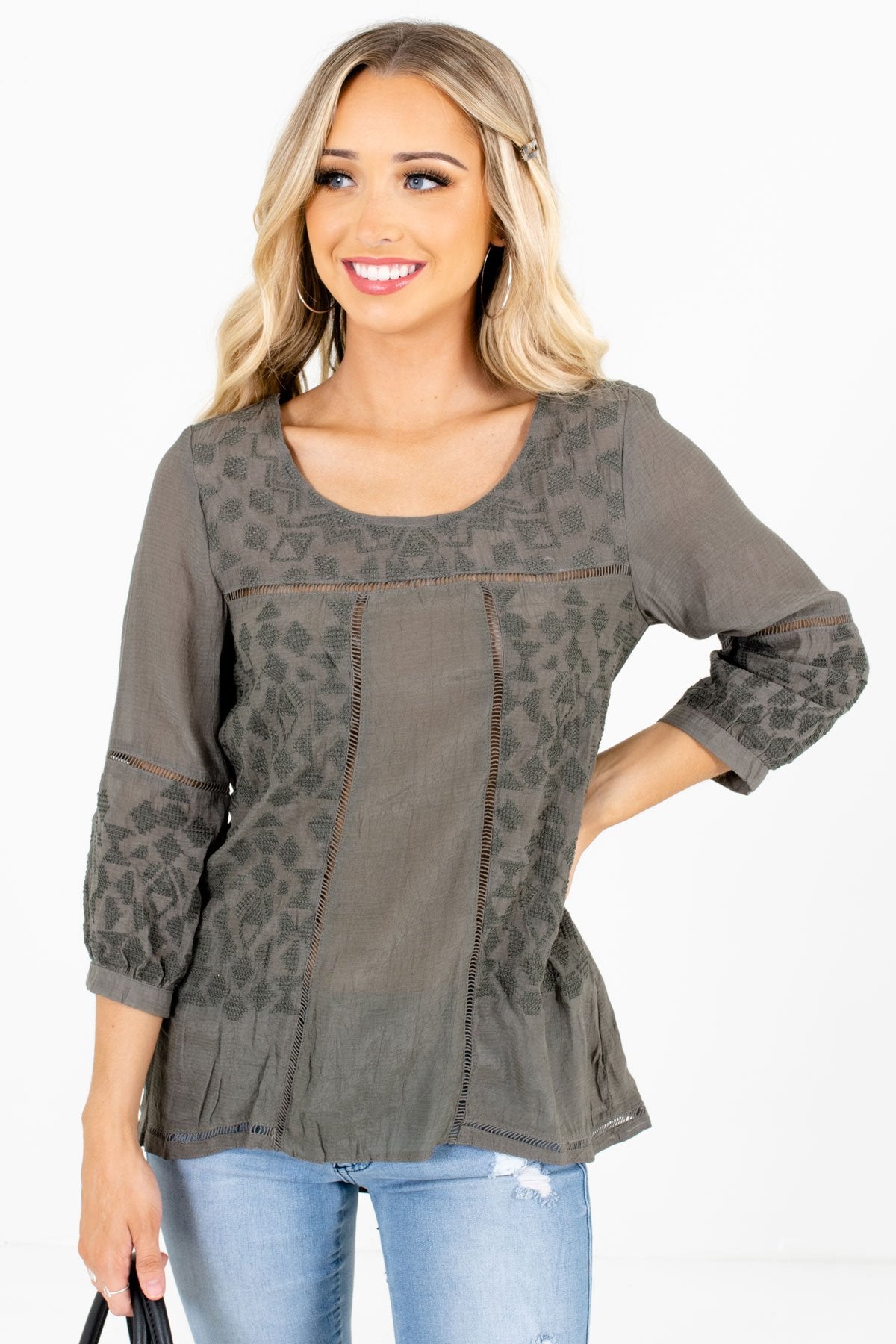Olive Green Embroidered Ladder Lace Boutique Tops for Women