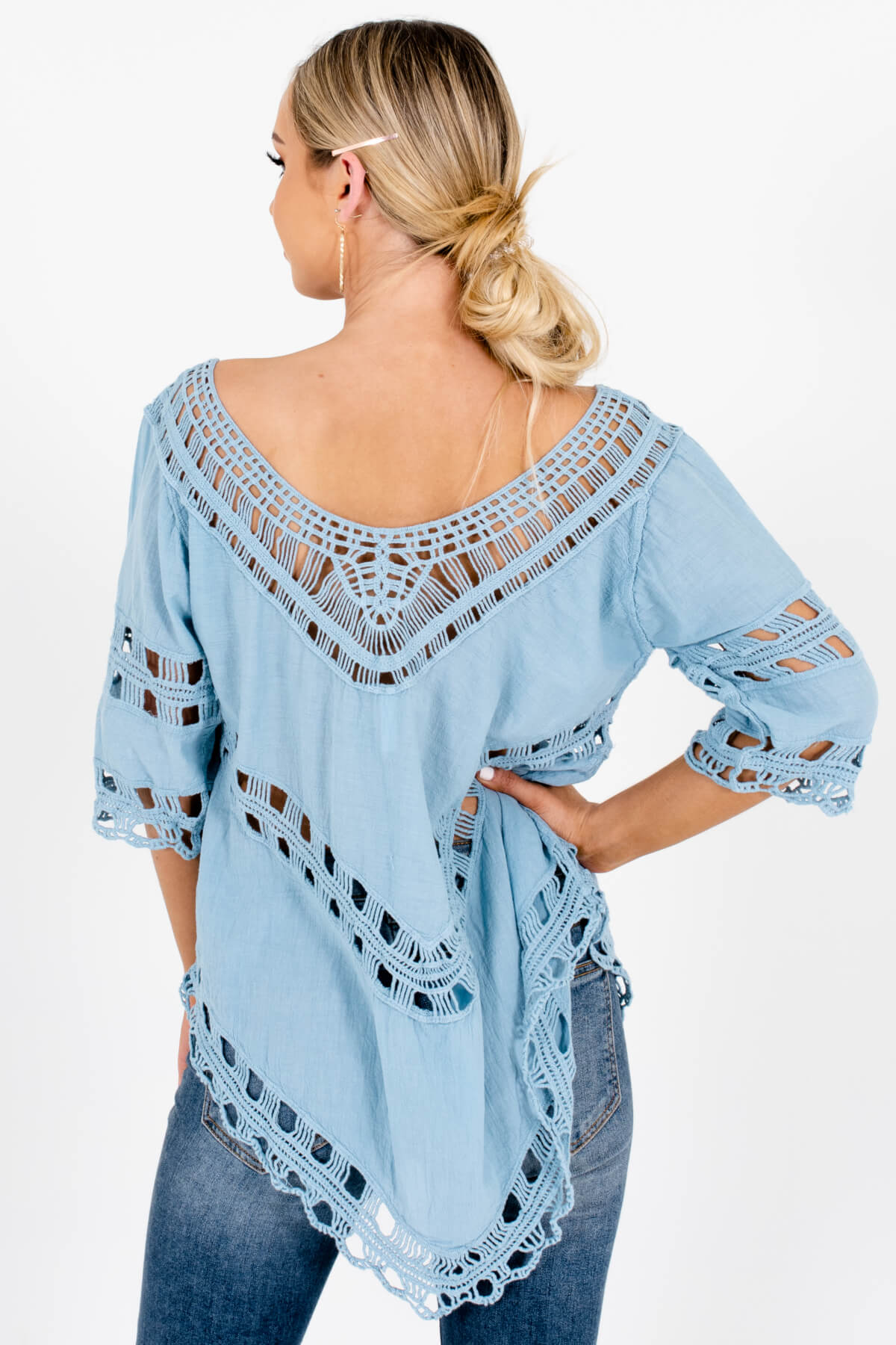 Women's Blue Crochet Detailed Boutique Tops