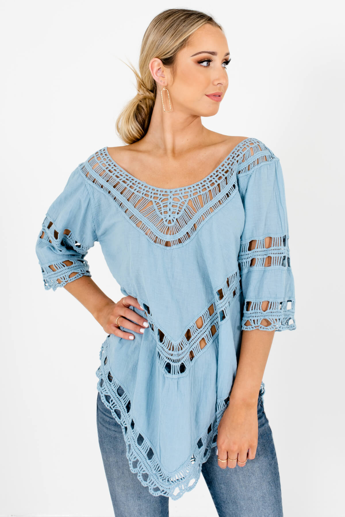 Blue Semi-Sheer Material Boutique Tops for Women