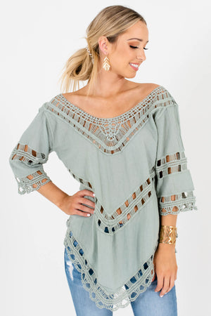 Green Semi-Sheer Material Boutique Tops for Women