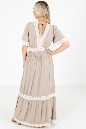 Women's Taupe Tassel Tie Accented Boutique Maxi Dress