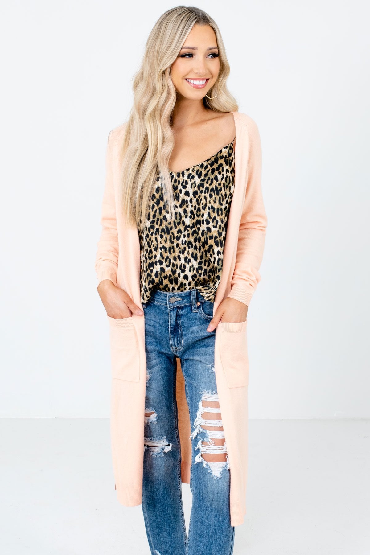 Peach Pink Long Length Boutique Cardigans for Women