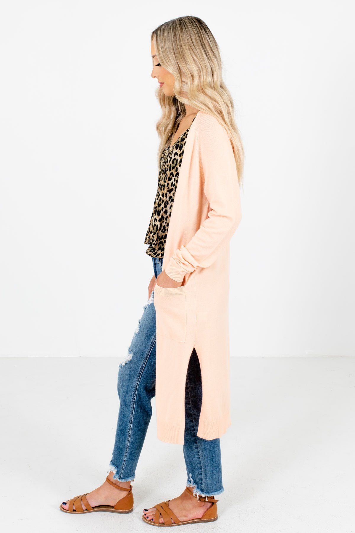Peach Pink Boutique Cardigans with Pockets for Women 