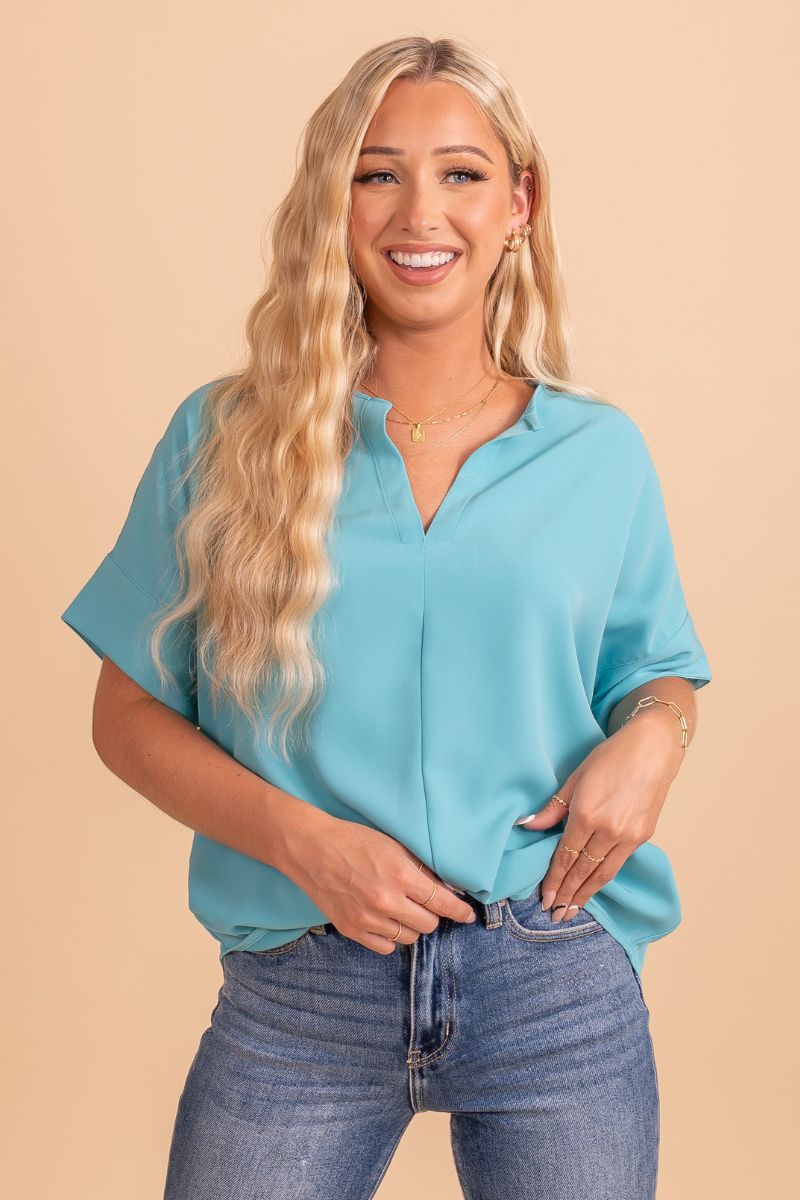 Women's Bright Blue Blouse with Notched Neckline