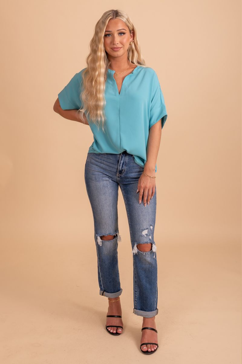 Blue Blouse with V Neck and Short Sleeves for Women