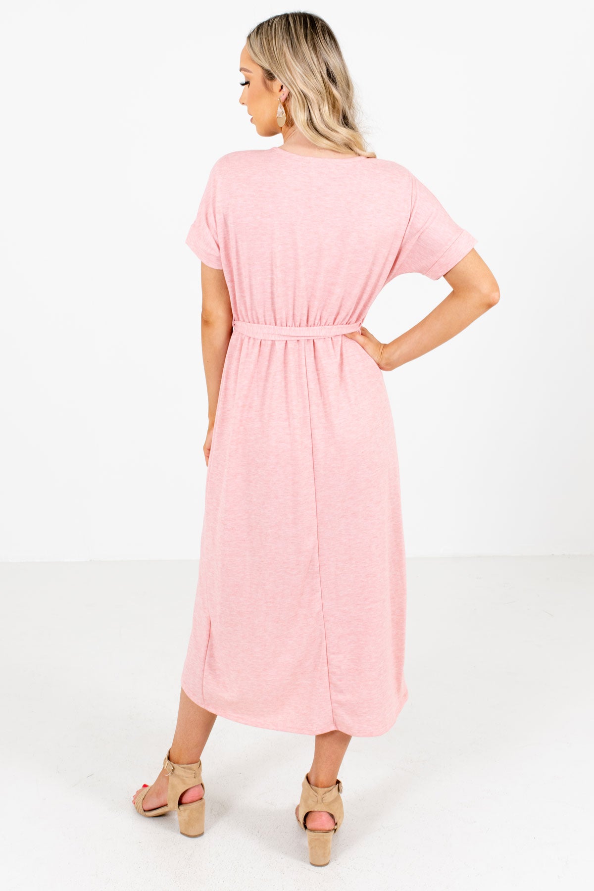 Women's Pink Elastic Waistband Boutique Knee-Length Dress
