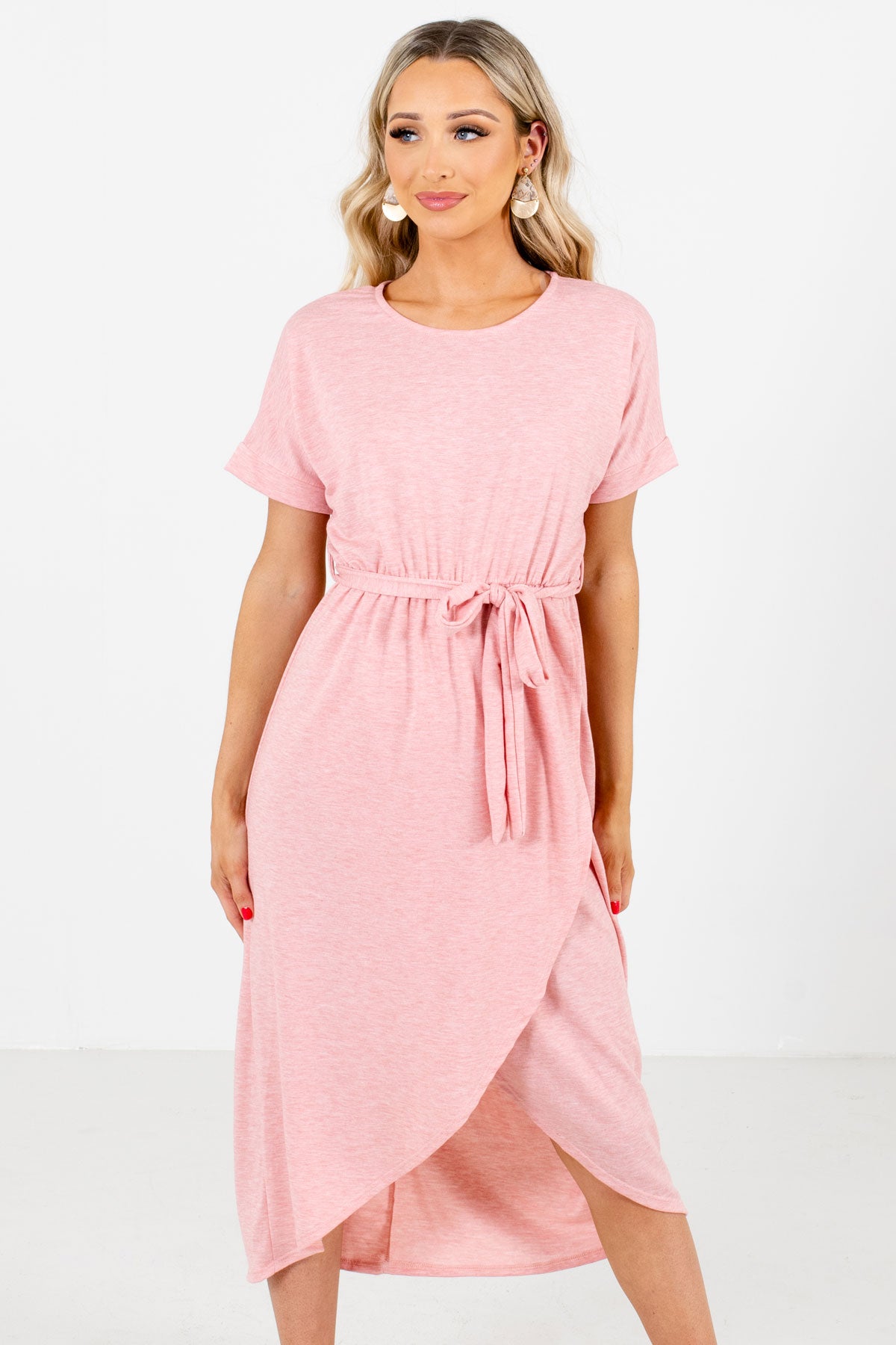 Pink Faux Wrap Style Boutique Knee-Length Dresses for Women