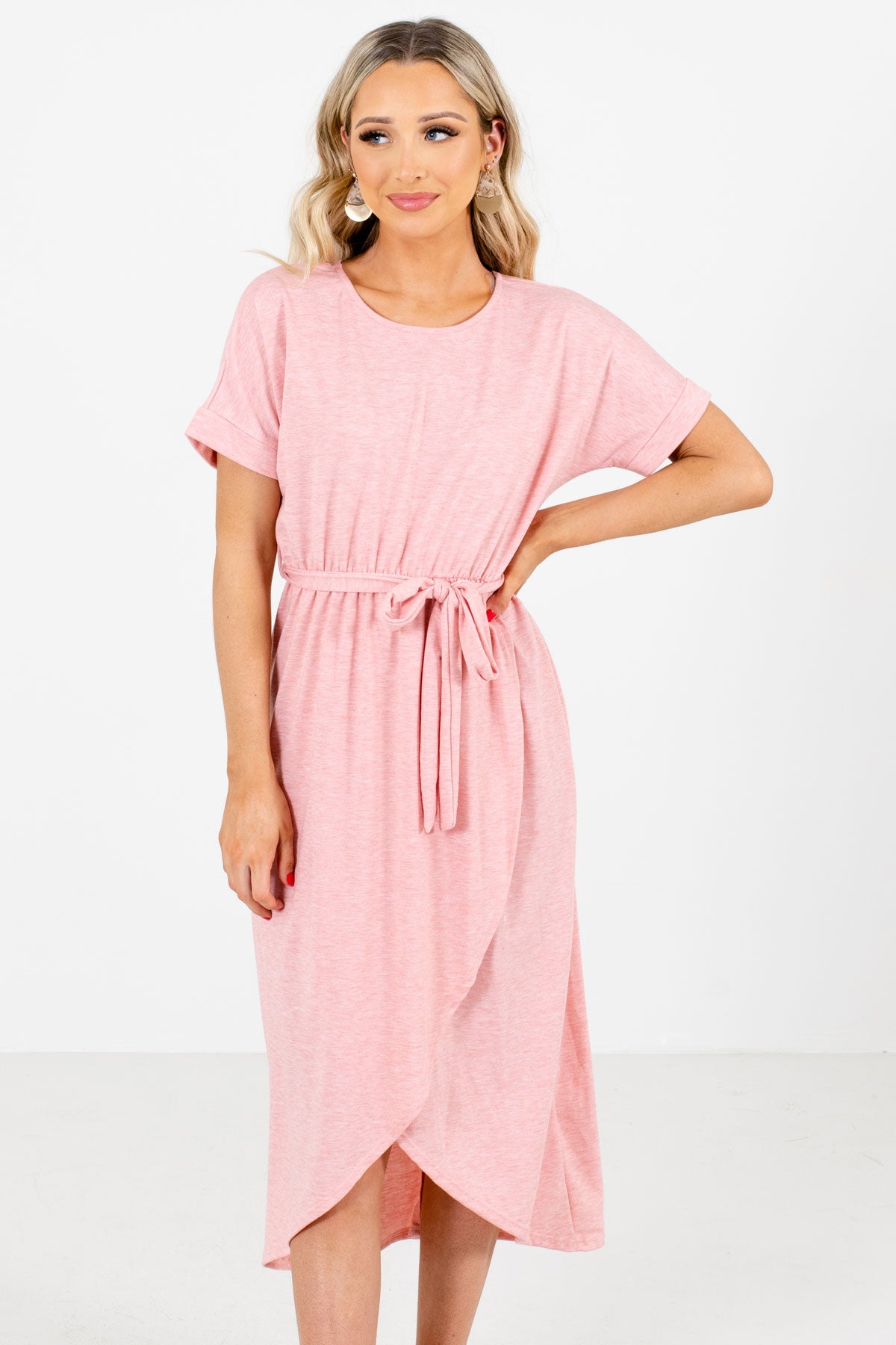 Women's Pink Cuffed Sleeved Boutique Knee-Length Dresses
