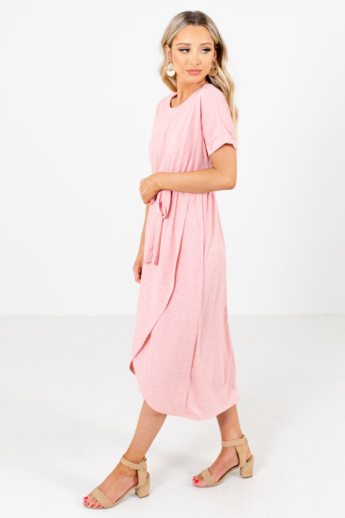 Pink Waist Tie Detail Boutique Knee-Length Dresses for Women