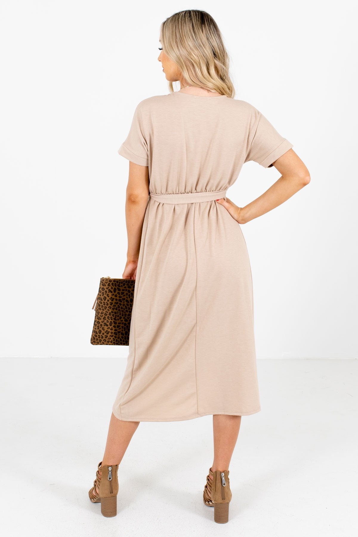 Women's Brown Elastic Waistband Boutique Knee-Length Dress