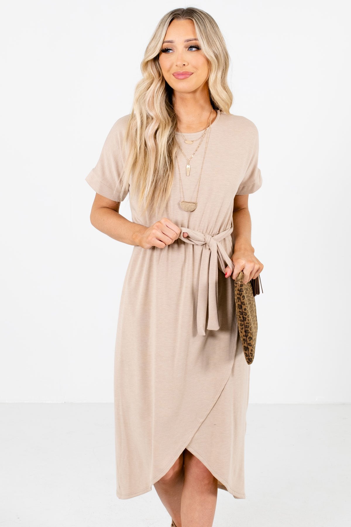 Brown Faux Wrap Style Boutique Knee-Length Dresses for Women