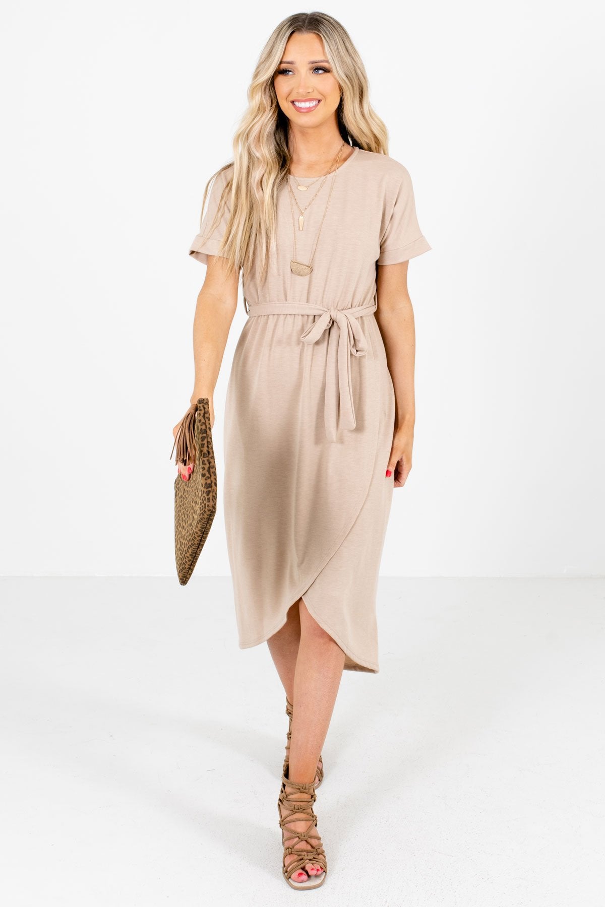 Women's Brown Cuffed Sleeved Boutique Knee-Length Dresses