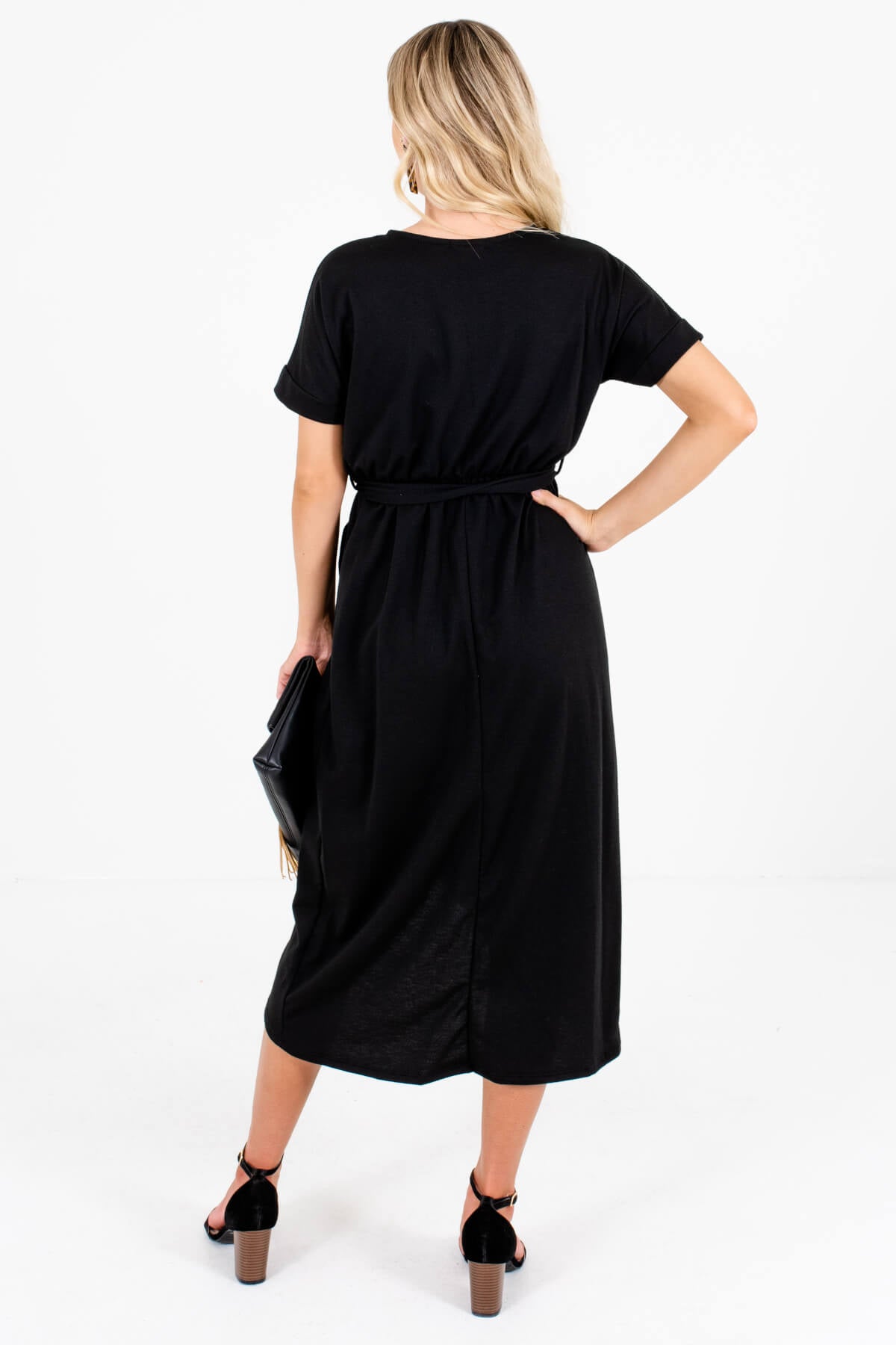 Women's Black Elastic Waistband Boutique Knee-Length Dress