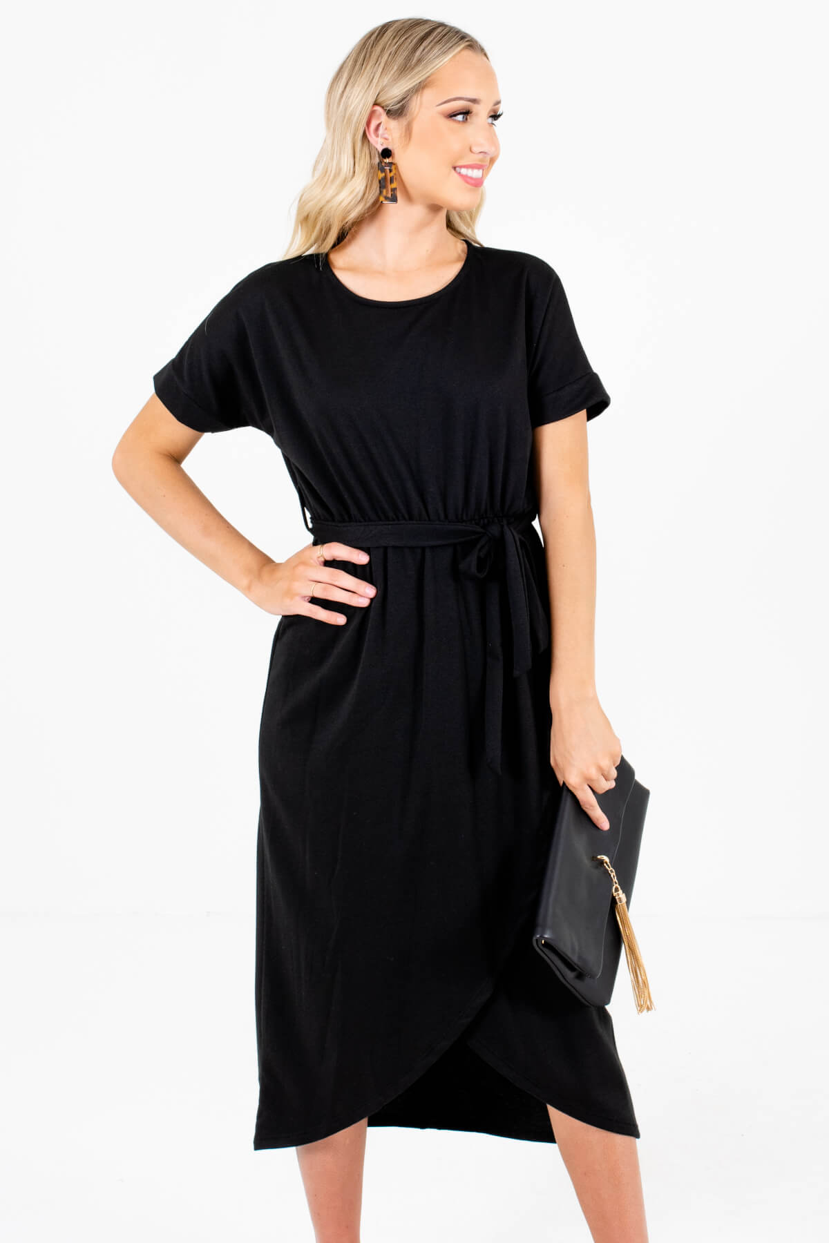 Black Faux Wrap Style Boutique Knee-Length Dresses for Women