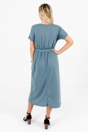 Women's Teal Blue Elastic Waistband Boutique Knee-Length Dress