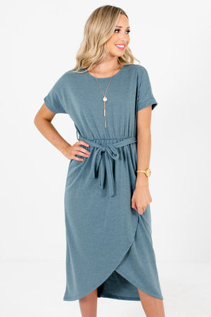 Teal Blue Faux Wrap Style Boutique Knee-Length Dresses for Women