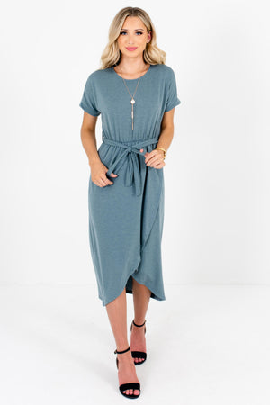 Teal Blue Waist Tie Detail Boutique Knee-Length Dresses for Women