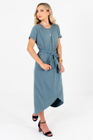 Women's Teal Blue Round Neckline Boutique Knee-Length Dress
