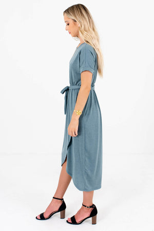 Women's Teal Blue Cuffed Sleeved Boutique Knee-Length Dresses