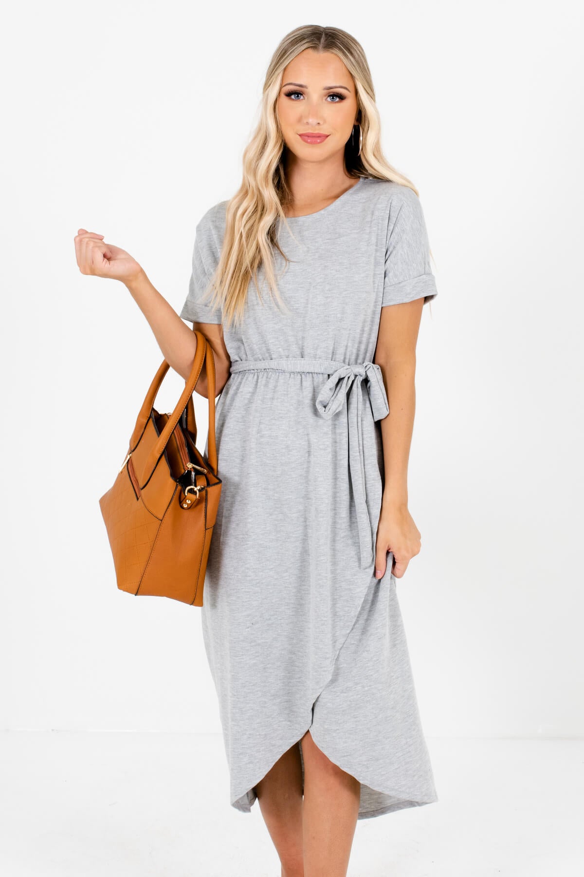 Heather Gray Faux Wrap Style Boutique Knee-Length Dresses for Women