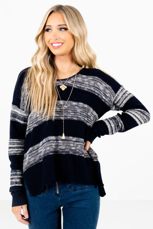 Navy Blue and White Striped Boutique Sweaters for Women