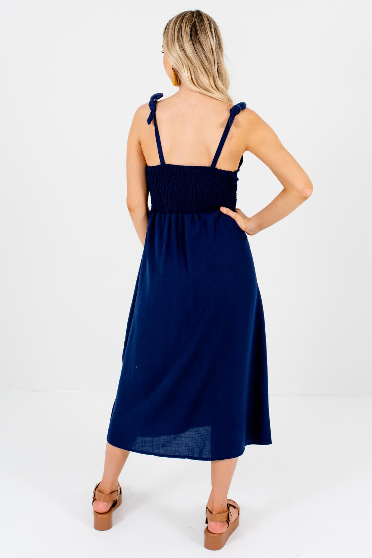 Women's Navy Blue Self-Tie Strap Boutique Midi Dresses