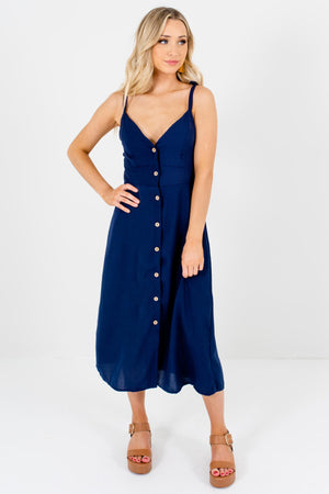 Navy Blue Smocked Back Boutique Midi Dresses for Women