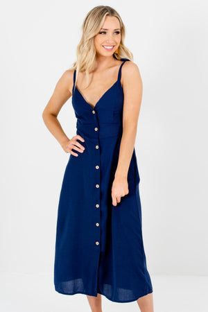 Navy Blue Wooden Button-Up Front Boutique Midi Dresses for Women