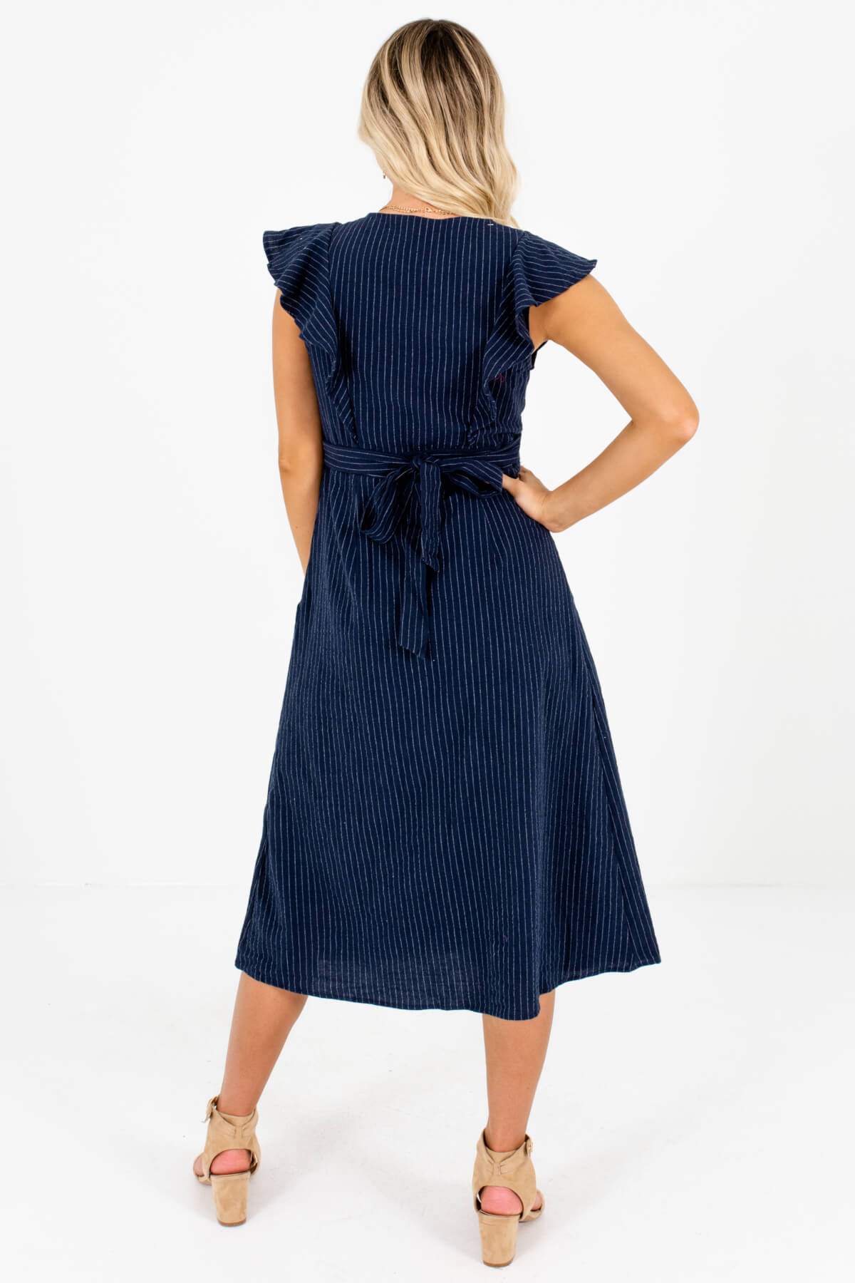 Women's Navy Blue Button-Up Front Boutique Midi Dress
