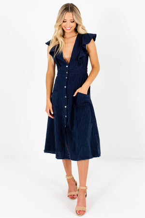 Navy Blue and White Striped Boutique Midi Dresses for Women