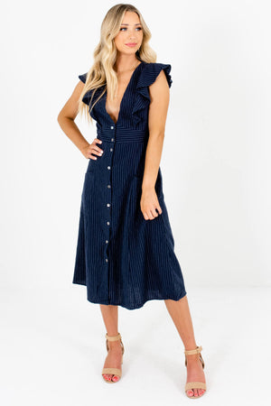 Women's Navy Blue Ruffled Sleeve Boutique Midi Dress