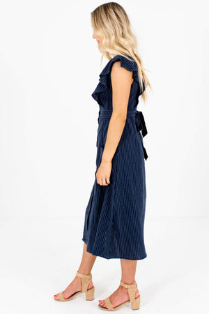 Navy Blue Deep V-Neckline Boutique Midi Dresses for Women