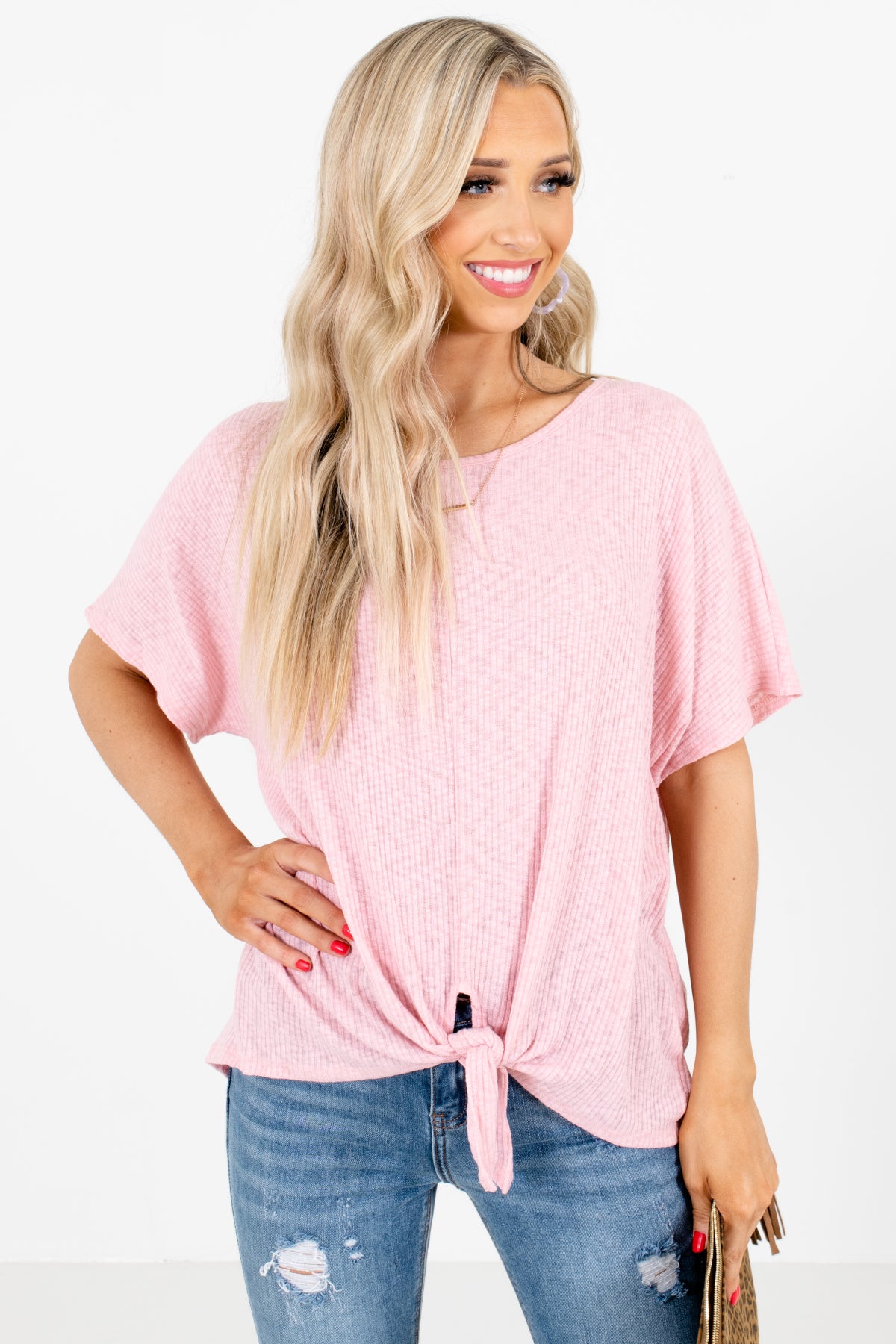 Pink Tie Front Detailed Boutique Tops for Women