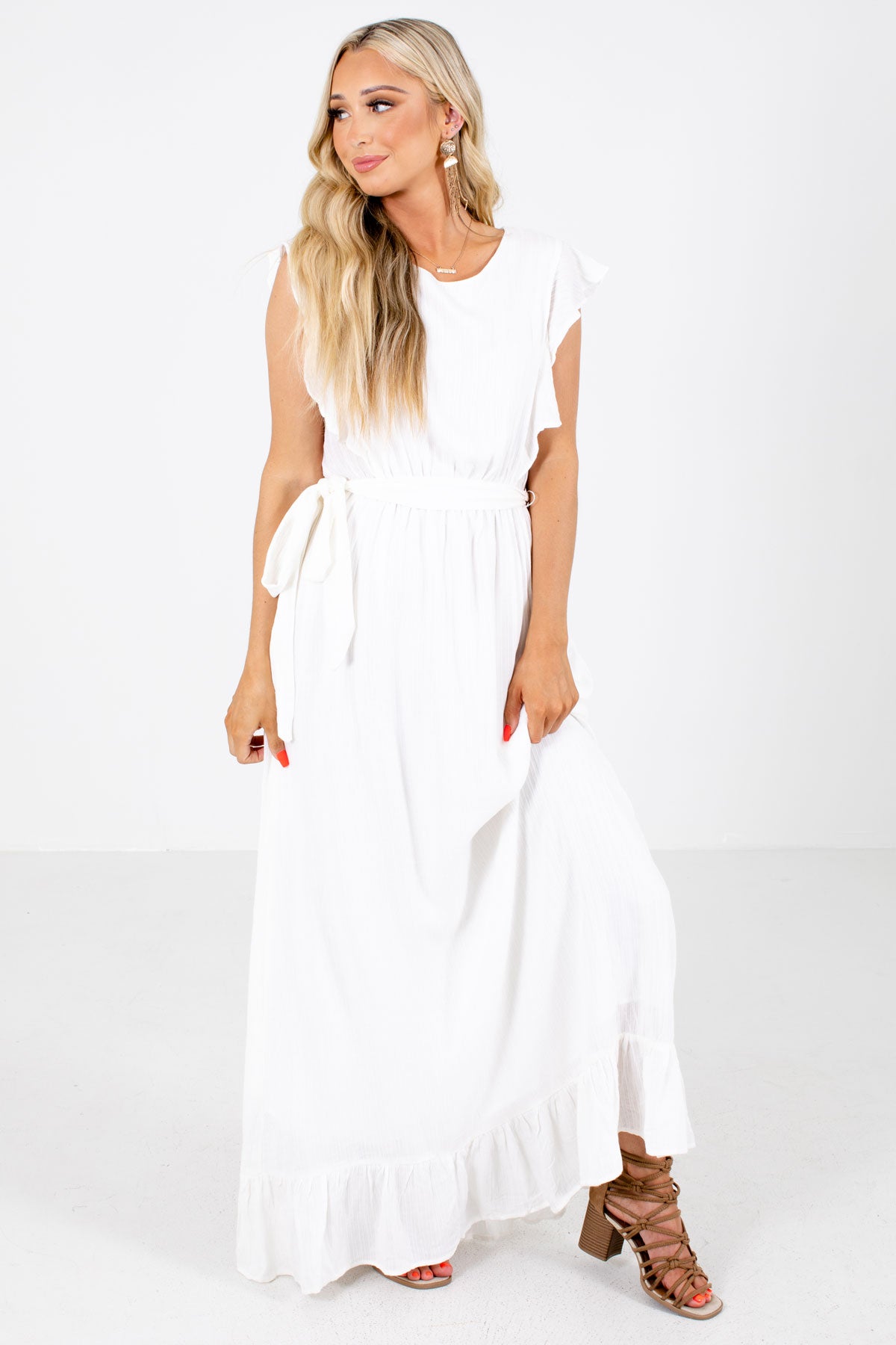 White Ruffle Accented Boutique Maxi Dresses for Women