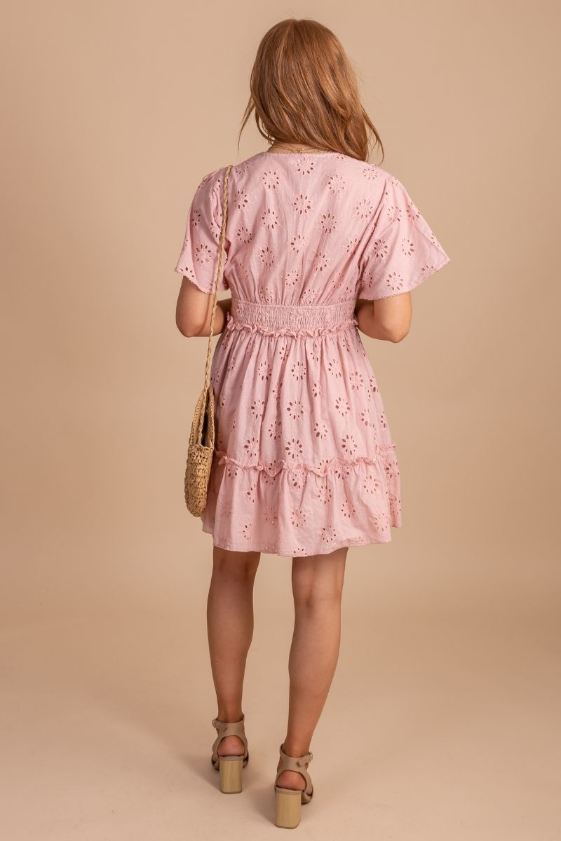 Pink mini dress with tier and smocked waistband