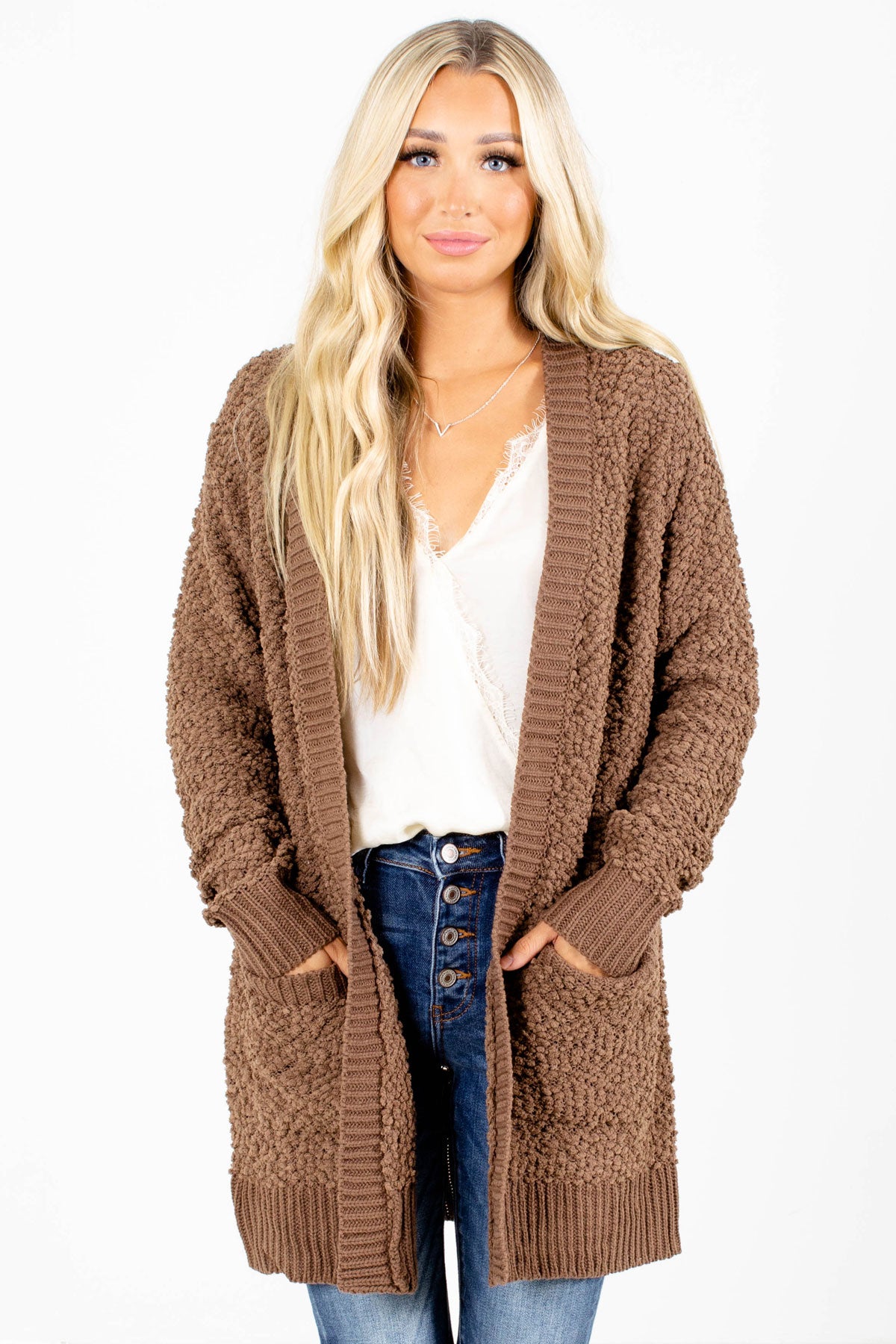 Brown Popcorn Knit Cardigan with Pockets