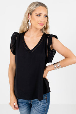 Black Flutter Sleeve Style Boutique Blouses for Women