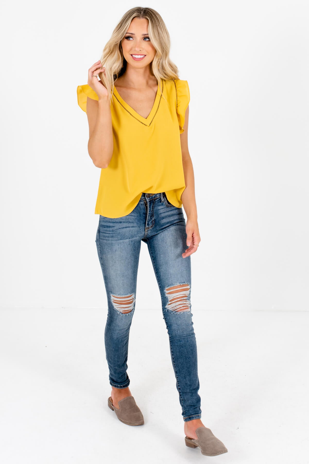 Women's Cute Mustard Yellow V-Neckline Lightweight Boutique Blouse