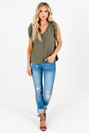 Women's Cute Olive Green V-Neckline Lightweight Boutique Blouse