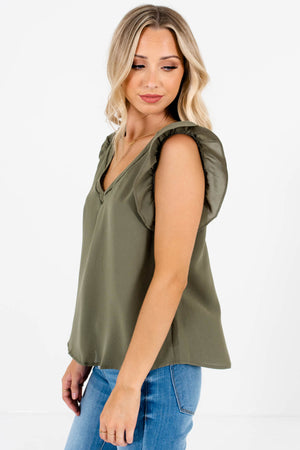 Olive Green Button-Up Back Boutique Blouses for Women
