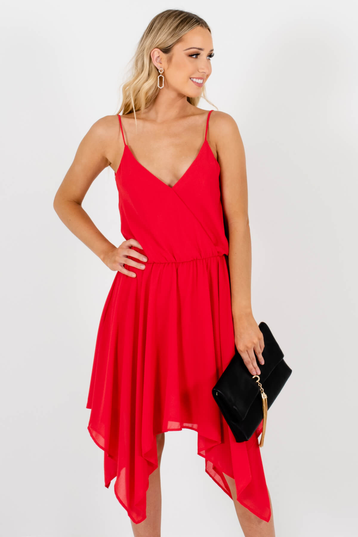 Red Draped Handkerchief Hem Mini Dresses Affordable Online Boutique