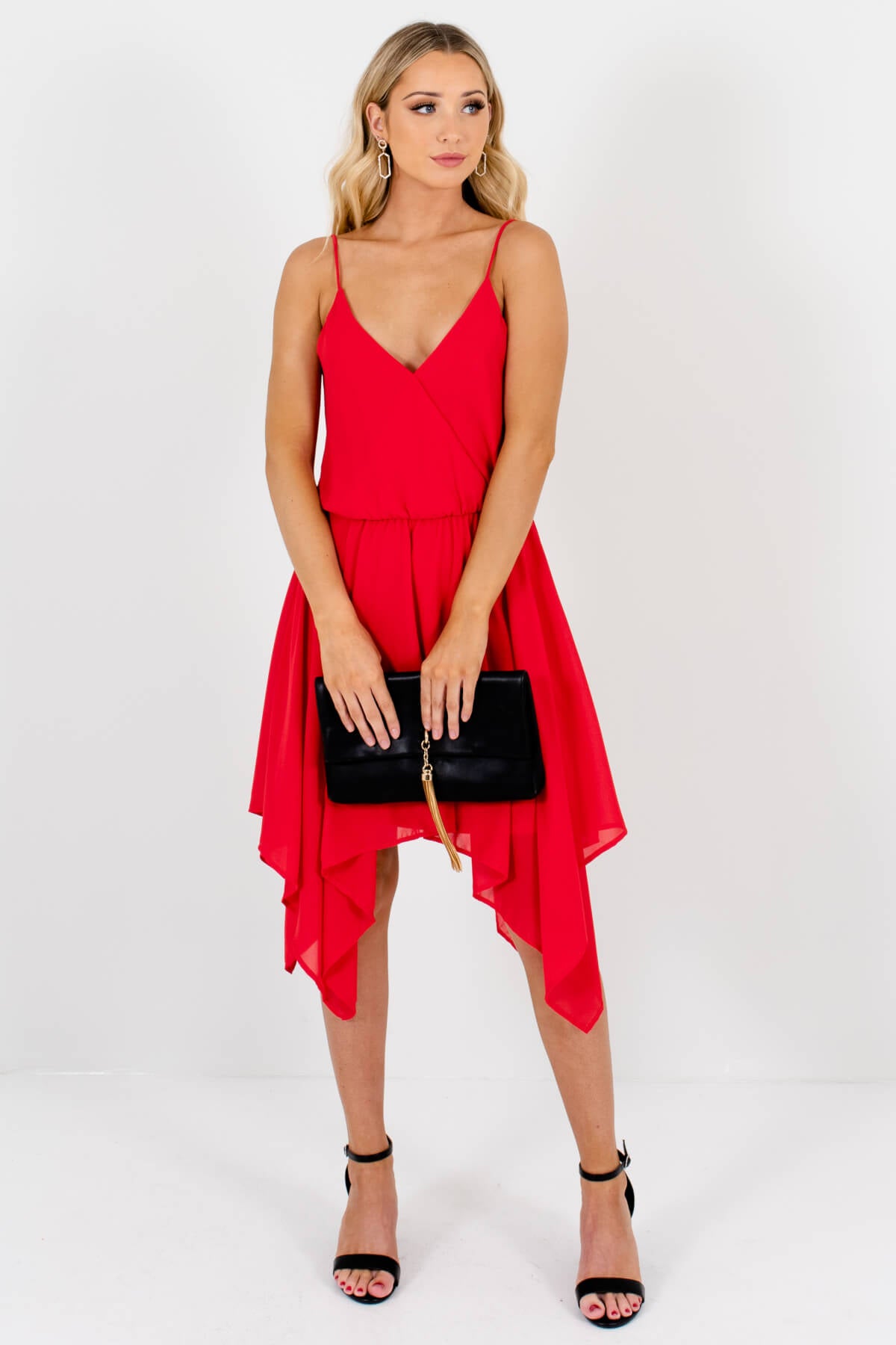 Red Faux Wrap Elastic Waistband Asymmetrical Handkerchief Hem Mini Dresses