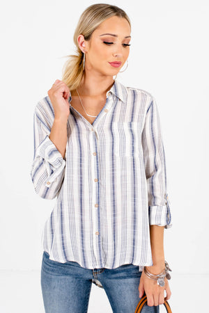 Navy Blue and White Striped Boutique Shirts for Women