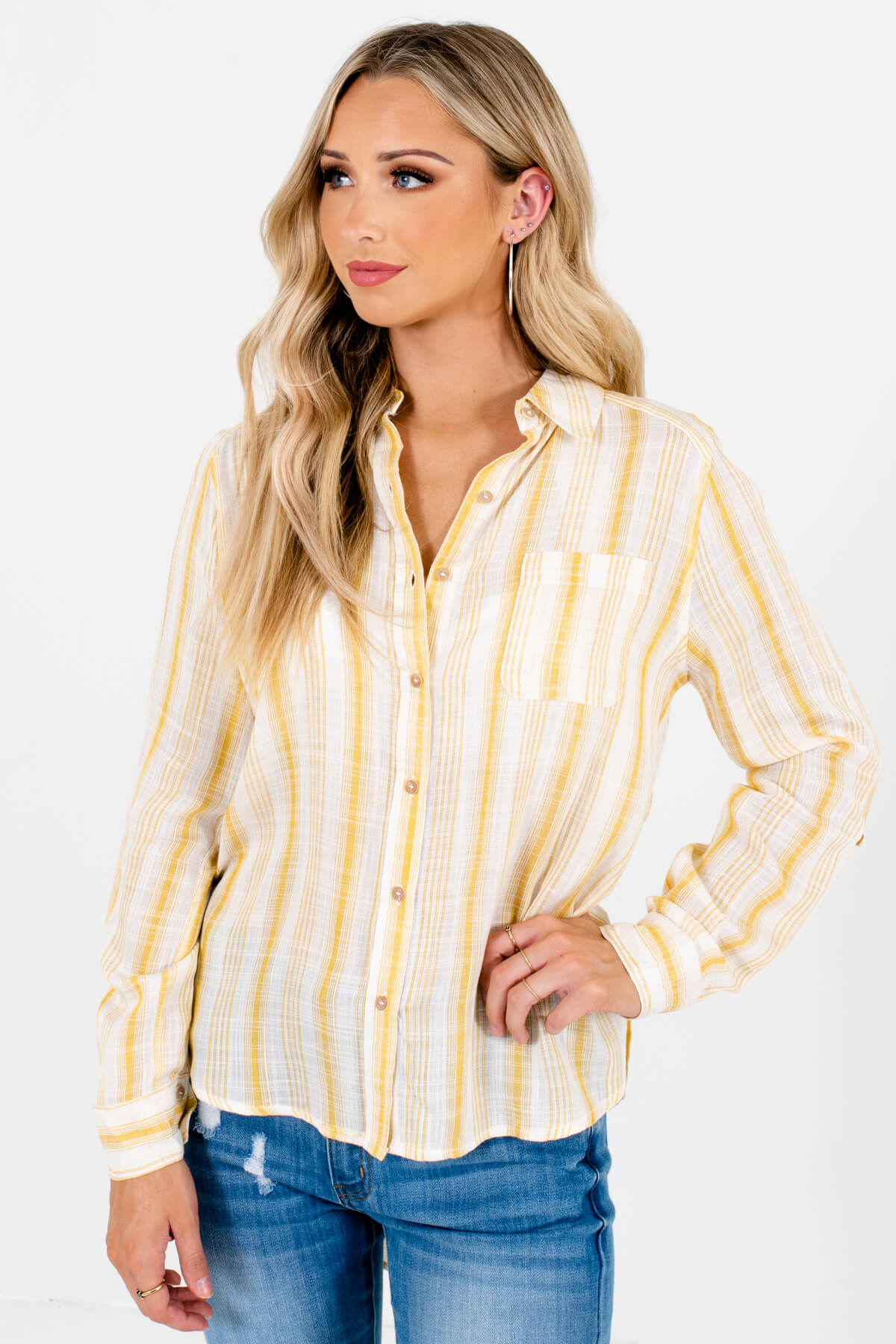 Yellow and White Striped Boutique Shirts for Women